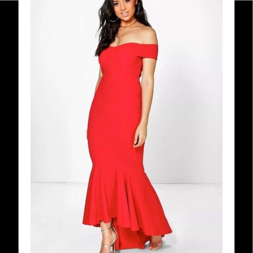 Lucy Wang Open Shoulder Fishtail Maxi Red Dress